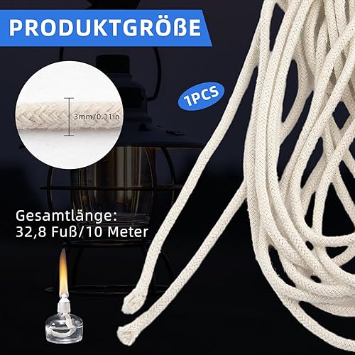 Mèche ronde pour lampe à huile - 10 m - Mèches flottantes de 3,2 mm - Pour remplacer les lampes en coton tressé - Long rouleau réglable pour bougies faites à la main - Nail Gallerys