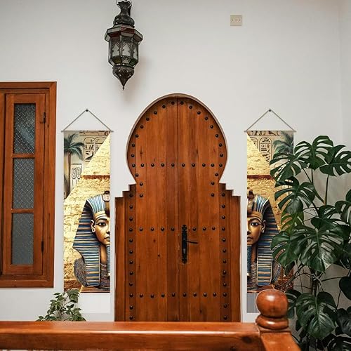 AHANDMAKER Lot de 2 tapisseries pharaons égyptiens et pyramides - Ancien monument historique vertical - Longue tapisserie esthétique - Rideau de porte à pompons à suspendre au mur pour chambre à - Nail Gallerys