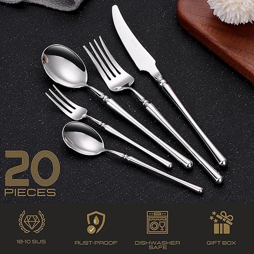 DAFFODILY® Luxury Cutlery Set, 18/10 Stainless Steel, Mirror Finish Kitchen Cutlery Sets, Dishwasher Safe, Ideal for New Home Gifts (Talin 20 Pièces - Argenté, 20 Pièces) - Nail Gallerys
