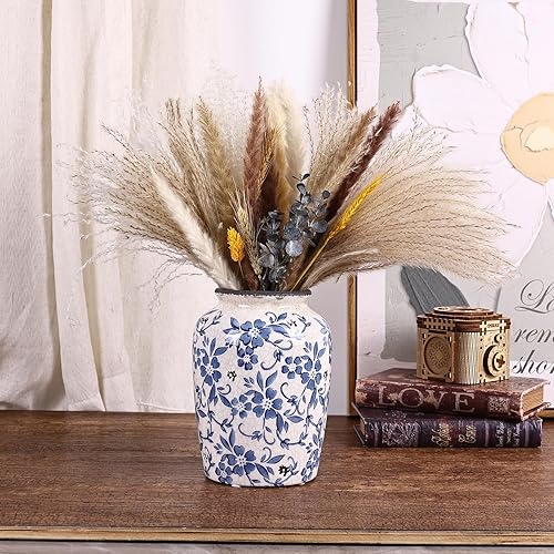 Vase chinoiserie bleu et blanc - Vase en céramique peint à la main - Style vintage - Pour bibliothèque, salon et table à manger - Vases décoratifs pour décoration de maison de ferme - Nail Gallerys