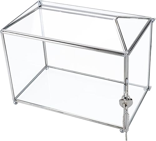 Homtone Grande boîte à cartes de mariage en verre de 26 cm avec fente et serrure, boîte en verre géométrique pour terrarium argenté, boîte de présentation vintage pour réception de mariage, centre de - Nail Gallerys