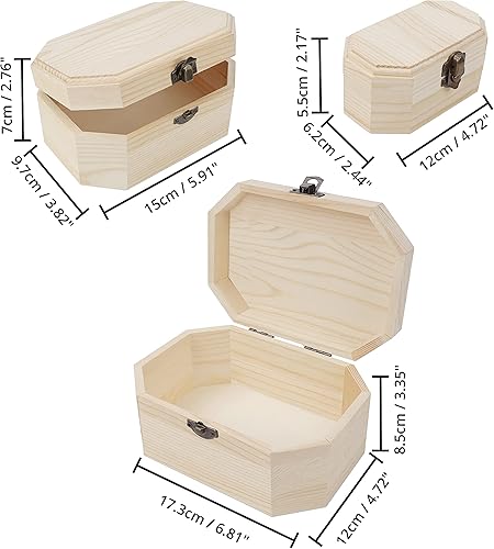 BELLE VOUS Boite Bois Brut (Lot de 3) - Coffret Bois Vide Petit, Moyen et Grand - Avec Fermoirs & Couvercle à Charnière - Artisanat, Art, Hobbies, Projets, Bijoux et Rangement d’Objets de la Maison - Nail Gallerys