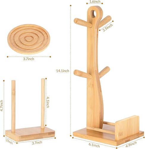 E-ROOM TREND MHC400 Arbre à tasses en bambou avec dessous de verre 4 pièces | Support pour tasses à café avec 4 crochets | Accessoires de comptoir de café décoratif pour bar à café (MHC400) - Nail Gallerys