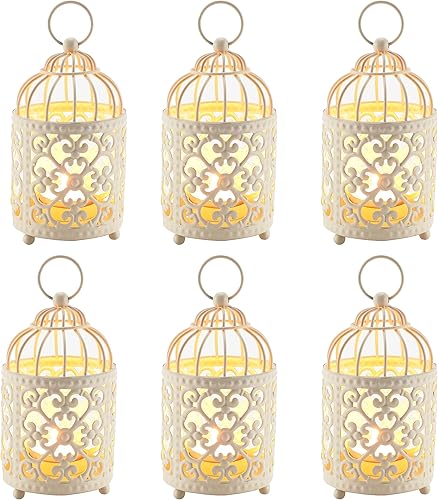 JHY DESIGN Lot de 6 Centres de Tableau de Mariage 14 cm de Haut Petit Bougeoir Métal à Suspendre en Forme de Cage à Oiseaux Lanterne Creuse pour Table Saint-Valentin Intérieur Extérieur (Blanc) - Nail Gallerys