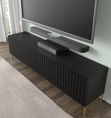 Homlando Meuble TV Wave 200 cm 4D avec façades en MDF sur Pieds en métal brossé sur Bas de Table, Table pour TV, Buffet, Table de télévision, Commode pour TV avec 4 Portes (Noir Mat) - Nail Gallerys