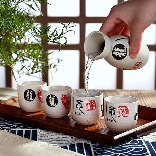 Panbado Services à Saké Japonais Traditionnel 4 Tasses 1 Carafe à Saké en Porcelaine Kanji Idéogramme Asiatique Style Zen - Nail Gallerys