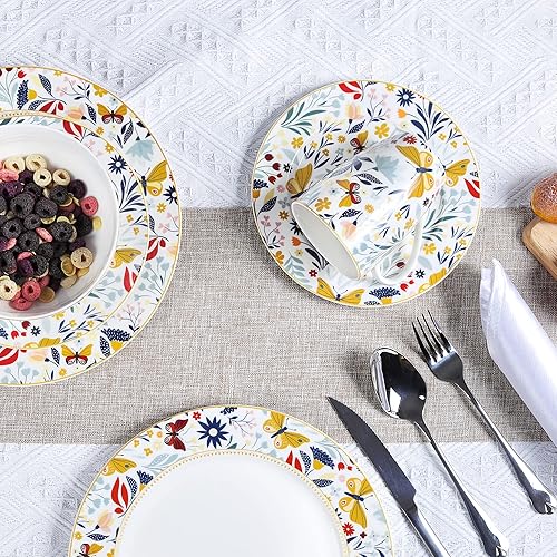 fanquare Services de Table Complet Moderne 16 Pièces en Porcelaine, Services de Vaisselle Or Vintage pour 4 Personnes, Assiettes Plates Fleurs Papillon, Bols, Tasses - Nail Gallerys