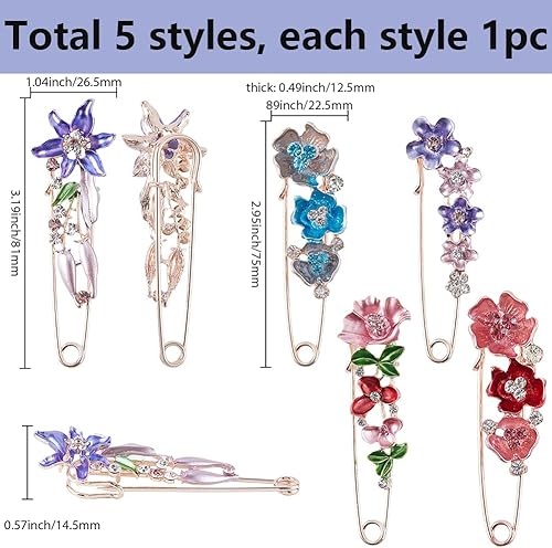 SUNNYCLUE 1 boîte de 5 épingles de Sûreté en Forme de Fleur 5 styles en Vrac en Alliage Métallique Or Rose Émail Strass Décorations Florales Fermoir à Clip Haute Broche pour Pull Chapeau Écharpe Vêtem - Nail Gallerys