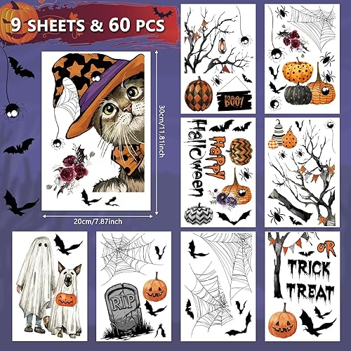 AhfuLife 191Pcs Halloween Fenêtre Autocollants, 10 Feuilles Réutilisables Stickers Fenêtre de Halloween Amovible avec 10 Feuilles Halloween Autocollant Tatouage pour Halloween Décor, Nuit d'Halloween - Nail Gallerys