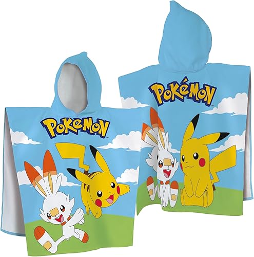 Pokemon Grass ET Port Ensemble Cape de Bain et Drap de Plage | 100% Coton | Oeko-TEX | 60x120cm + 70x120cm | Imprimé Garçon | Bleu - Nail Gallerys