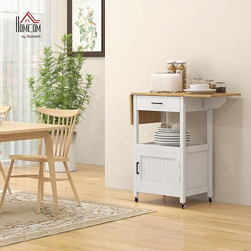 HOMCOM Chariot de Service desserte de Cuisine à roulettes Meuble de Rangement avec Plateau Pliable tiroir étagère et Armoire avec 2 Portes en Bois dim. 59,5L x 45,5l x 89H cm - Blanc - Nail Gallerys