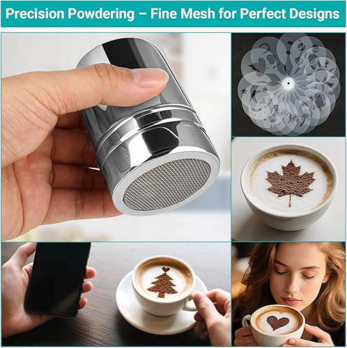 Saupoudreuse - Saupoudreuse Cacao - Tamis à Farine, Acier Inoxydable, avec 16 Pochoirs à Café et Aiguille Latte Art, Tamis Fin pour Cacao, Cannelle, Sucre Glace, Idéal pour Cappuccino - Nail Gallerys