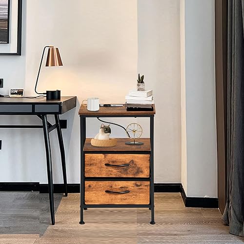 FetiNes Lot de 2 tables de chevet avec station de charge, petite table de chevet avec tiroirs en tissu et étagère pour chambre à coucher, petits espaces, table de chevet avec ports USB et prises - Nail Gallerys