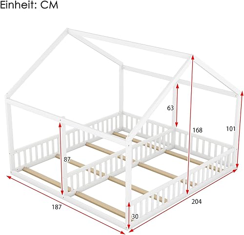 KOMHTOM 2 en 1 90x200CM Cabane Lit d'enfant avec Clôture de Sécurité, Lit de Maison avec Sommier à Lattes en Bois, Cadre de lit(sans Matelas) (Blanc) - Nail Gallerys