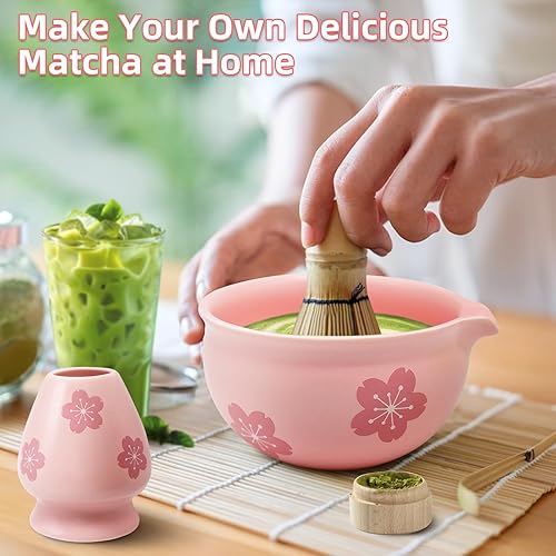 Cyiecw Lot de 2 bols à matcha rose Sakura - En céramique - Avec bec verseur et porte-balai - Pour la préparation de thé Ursi, Koicha et Matcha - Nail Gallerys