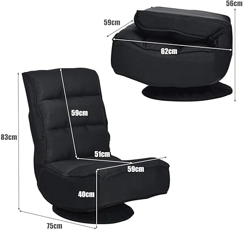 Giantex Fauteuil de Sol Pliable Pivotant à 360 °, Chaise de Sol Dossier Réglable à 5 Niveaux, Fauteuil Inclinable de Méditation pour Lecture, Jeu, TV (Noir) - Nail Gallerys