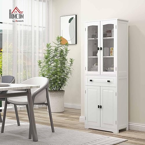 HOMCOM Armoire de Cuisine Buffet Haut 4 Portes Dont 2 Portes vitrées et 1 tiroir Hauteur 160 cm avec étagères - en Bois - Blanc - Nail Gallerys