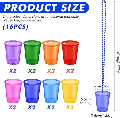 WANDGU Lot de 16 verres à liqueur avec chaîne - Verres à shot colorés et lumineux avec chaîne - Verres à shot à porter autour du cou - Pour enterrement de vie de jeune fille, mariage, carnaval, - Nail Gallerys