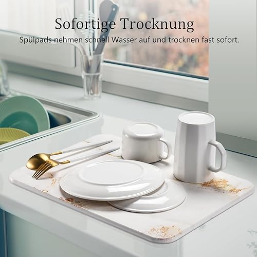 Amilutuo Tapis d'égouttement pour vaisselle, 40 x 30 cm, bac d'égouttement en pierre, tapis d'égouttement d'évier, en terre de diatomées absorbant rapidement l'eau 10 secondes (marbre doré) (LSD-LJ) - Nail Gallerys