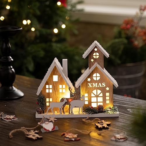 VALERY MADELYN Décoration de Noël en bois avec lumières LED, cabane scandinave, maison de Noël rustique, décoration de fenêtre avec élan, arbre, paysage de chalet d'hiver, 20,5 x 23 cm - Nail Gallerys