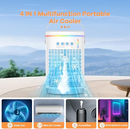 Refroidisseur d'air Portable, 4 en 1 Rechargeable Mini Climatiseur Portable avec 6 Bacs à Glace, Climatiseur Mobile via App Contrôle pour Bureau, Tente, Chambre à Coucher - Nail Gallerys