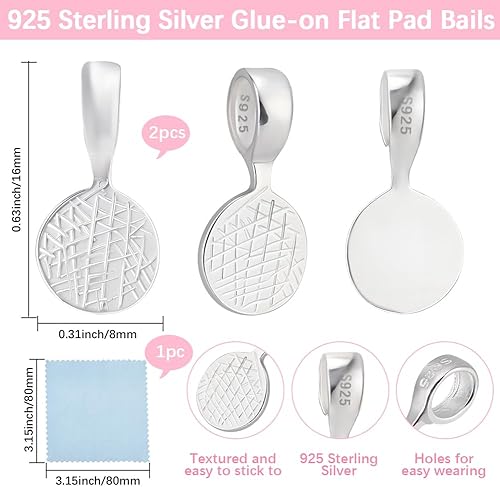 Beebeecraft 2 pendentif à Coller 925 pendentifs en Argent Sterling de 16x8mm pour Colliers avec 1 chiffons de Polissage en Tissu Argenté pour la Fabrication de Bijoux de Carreaux de Verre et - Nail Gallerys