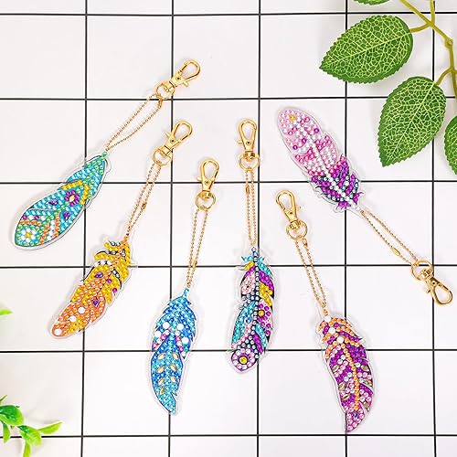 JSRQT 6 Pièces Plume Diamant Peinture Art Porte-Clés, 5D DIY Diamant Peinture Pendentif, Diamant Plein Peinture Porte-clés, Double Face Diamond Art Painting Porte-Clés Strass pour Décoration de Sac - Nail Gallerys