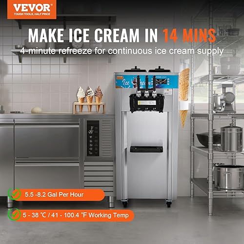 VEVOR Machine à Crème Glacée Commerciale 21-31 L/h 1500 W 3 Saveurs, Machine à Glace Italienne Trémie 2x5,5 L, Autoportant, Pré-Réfrigération, Nettoyage Automatique, pour Yaourt Café Snack-Bar - Nail Gallerys
