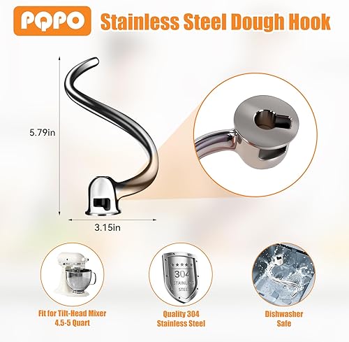 Crochet pétrisseur en spirale en acier inoxydable compatible avec les mélangeurs Kitchenaid à tête inclinable de 4,5 à 5 litres, pétrissage efficace, passe au lave-vaisselle - Nail Gallerys