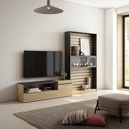 Skraut Home | Ensemble Meuble TV | Meuble Salon Complet | 260x186x35cm | pour Les TV jusqu'à 65' | Cheminée électrique | Style Moderne | Chêne et Noir - Nail Gallerys