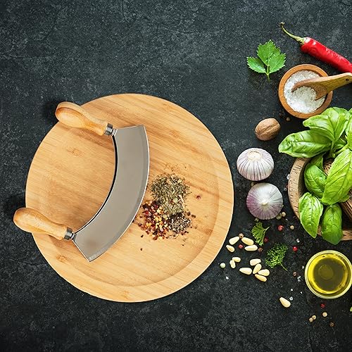 Relaxdays Hachoir Berceuse avec Planche, Bambou & Acier Inoxydable, Double Lame, diamètre de 25 cm, Nature - argenté - Nail Gallerys