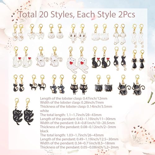 SUNNYCLUE 1 boîte de 40 marqueurs de Mailles 10 styles Breloques en Alliage Émaillé Noir et Blanc Mignon Chaton Coquette Fermoirs Mousquetons Dorés Breloques pour Tissage Tricot Crochet Bricolage Four - Nail Gallerys
