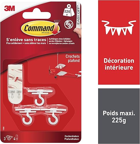 Command Crochets Plafond, Blanc - 3 Crochets, 4 Petites Languettes - Fixation sans Dommage - Nail Gallerys