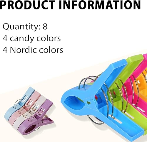EIYVPRA 8 Pinces Grandes colorées pour Serviette de Plage, Clip de Brise-Vent, Pince a Linge avec des Ressorts, Durable Grosse Pince Plastique pour Vêtements, Serviette, Couettes, Couverture - Nail Gallerys