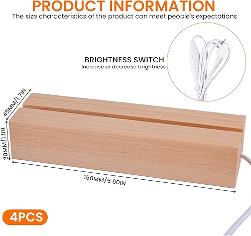 WIYETY Lot de 4 lumières LED de base : multicolore rectangulaire éclairage en bois support de base USB pour éclairage de bureau LED de 5 mm d'épaisseur plaque acrylique plaque de verre résine art (30 - Nail Gallerys