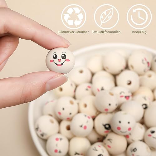 Lot de 10 perles en bois avec visage de 20 mm - 1 style de perles en avec fleurs non imprimées - 110 boules en bois avec 20 m de corde Pour vers de terre,vers porte-bonheur, bricolage - Nail Gallerys