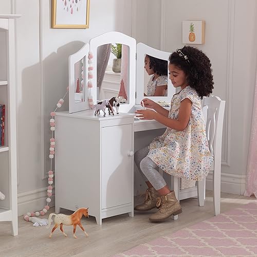 KidKraft Coiffeuse avec Miroir et Chaise Deluxe pour Enfants, Bureau avec Rangement, Table Enfant avec Chaise en Bois, Meubles de Chambre d'enfant, 13018 - Nail Gallerys