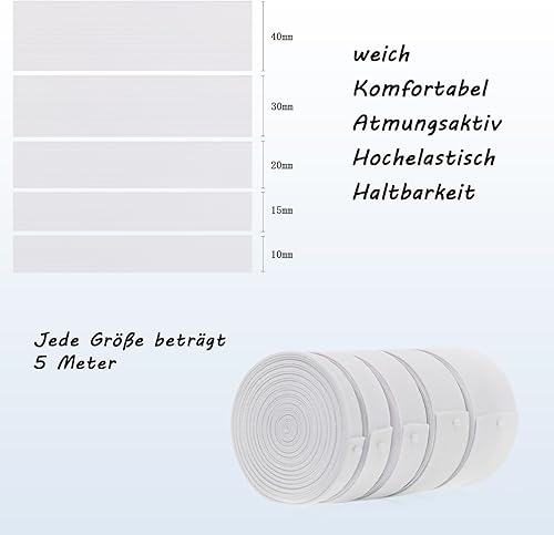 TITIGIFT Lot de 5 bandes élastiques blanches de 25 m, contient 10 mm, 15 mm, 20 mm, 30 mm, 40 mm de large, bande élastique bonne élasticité et pas facile à déformer - Nail Gallerys