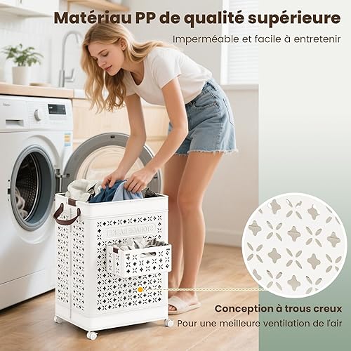 COSTWAY Panier à Linge Plastique a Roulette, Bac Linge Sale Pliable 75 L avec Petit Panier, 2 Poignées, 2 Crochets, Corbeille Pliable pour Vêtements, Blanc - Nail Gallerys