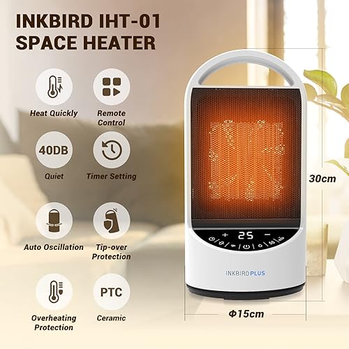 INKBIRDPLUS Chauffage d'appoint, Radiateur Soufflant en Céramique avec Télécommande, Écran LED, 3 Modes, 24H Minuterie, Protection Multiple pour Chambre, Salon, Bureau - Nail Gallerys