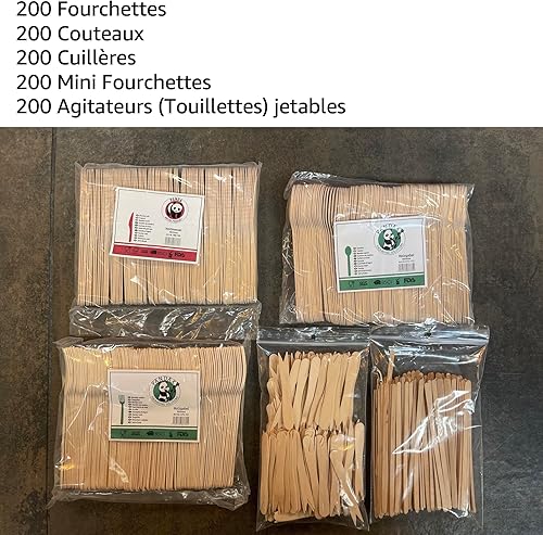 1000 Pièces – Ensemble de Couverts Jetables en Bois, couvert jetable (200 Fourchettes, 200 Couteaux, 200 Cuillères, 200 Mini Fourchettes et 200 Agitateurs (Touillettes) jetables) - Nail Gallerys