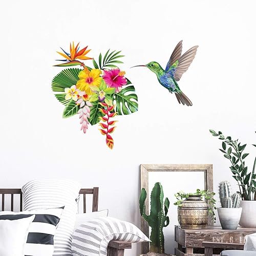 Sticker Mural Fleur Tropicale et Colibri - Décoration mural Salon et Chambre - Autocollant mural Oiseaux - 20x25CM - Nail Gallerys