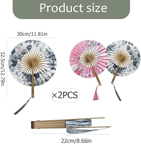 GZGXKJ Lot de 2 Éventails à Main Éventail Japonais Eventail Rond Pliant en Tissu de Soie Bambou Éventail Pliable en Bois pour la Danse Femme Mariage Fête Décoration - Nail Gallerys
