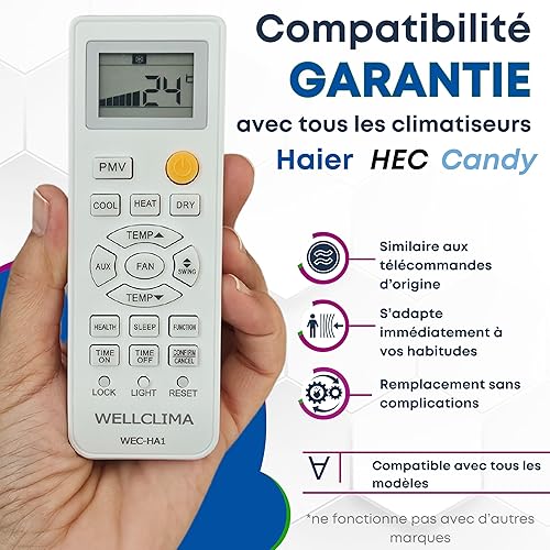 Wellclima WEC-HA1 Télécommande pour Climatiseur pour Haier, pour HEC, pour Candy, Plus Complète Que Les Universelles, Prête à l’Emploi avec Fonctions Spéciales, pour Inverter et Pompe à Chaleur - Nail Gallerys