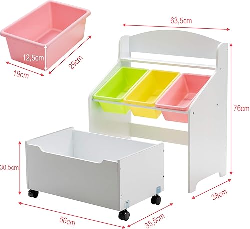 COSTWAY Coffre à Jouet Enfant avec 3 Bacs et 1 Tiroir à roulettes, Meuble Rangement Jouet en Bois avec Espace de Stockage, Design Moderne pour Jouets et Livres, 63,5 x 38 x 76,5CM - Nail Gallerys