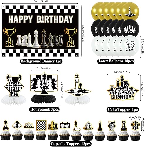 Obussgar Décorations de fête d'anniversaire d'échecs - Accessoires de fête comprenant un fond Happy Birthday, des spirales, des décorations de gâteau, des centres de table, des ballons (BJ) - Nail Gallerys