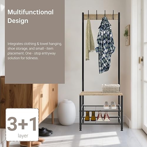 kisidus Meuble d'Entrée 2 en 1 Porte - manteau Étagère à Chaussures, 4 Crochets, 60 x 37 x 175 cm, Style Industriel, en Bois et Métal Noir - Nail Gallerys