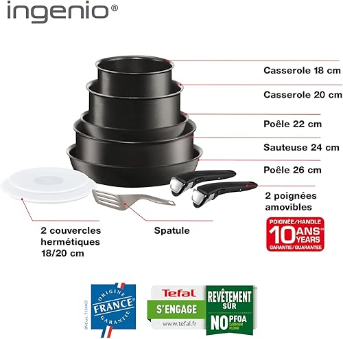Tefal Ingenio Performance Batterie de Cuisine 10 pièces, Poêles, Casseroles, Sauteuse, Couvercles hermétiques, Poignées, Spatule à Angle Enjoy Cassonade, Fabriqué en France L6549702 [Exclusif ] - Nail Gallerys