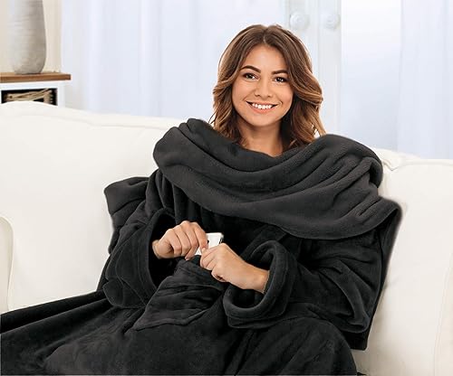 Gözze - Couverture douillette Premium avec Manches et Poche poitrine, 150 x 240 cm - Bleu marine - Nail Gallerys