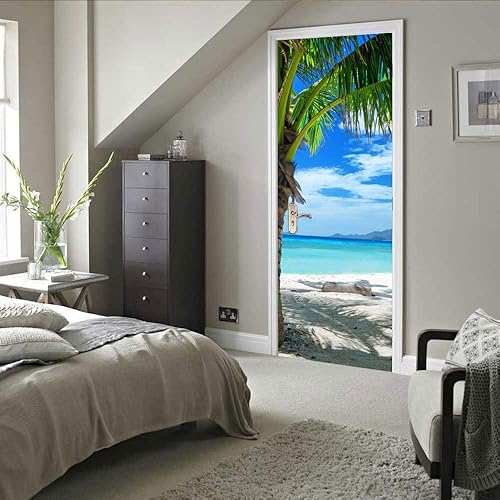 TMANQ Sticker Porte Trompe L'Oeil Effect 3D Pour Décoration Mur Salon Cuisine Chambre Salle De Bain Papier Peint 77X200Cm Palmier De Plage Bleu Auto Adhésif Amovible Art Decor Affiche - Nail Gallerys